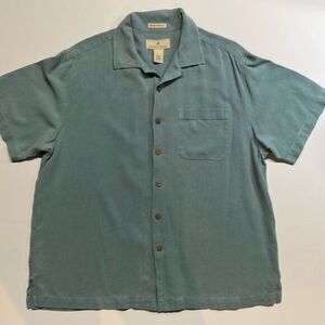 Paradise collection men’s silk button-down, short sleeve shirt steel blue size L